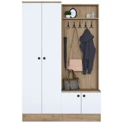 Mobile da Ingresso Bianco Marrone Rovere 5 Ripiani Appendiabiti 120x36x183h cm, 4 Ante - Rezzato