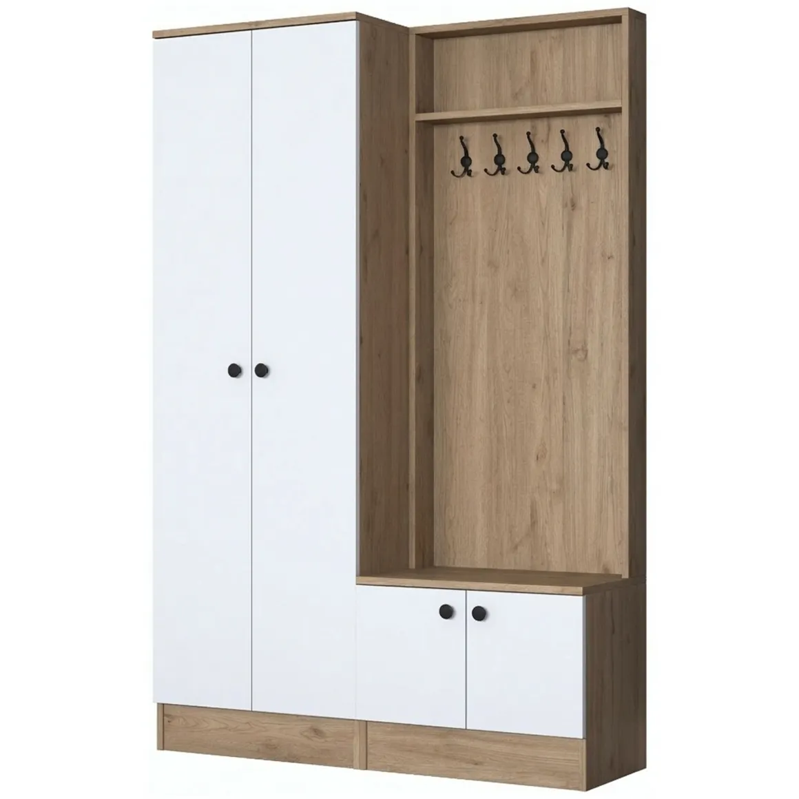 Mobile da Ingresso Bianco Marrone Rovere 5 Ripiani Appendiabiti 120x36x183h cm, 4 Ante - Rezzato