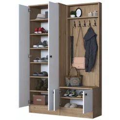 Mobile da Ingresso Bianco Marrone Rovere 9 Ripiani Appendiabiti 120x38x183h cm, 4 Ante - Osilo