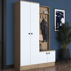 Mobili Da Ingresso > Dmora Mobile da Ingresso Bianco Marrone Rovere Nodi Specchio Incluso 3 Ripiani 91.5x28x202h cm, Appendiabiti - Viggiano Marrone, Bianco Rovere Nodi