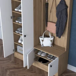 Mobili Da Ingresso > Dmora Mobile da Ingresso Bianco Marrone Rovere Nodi Specchio Incluso 3 Ripiani 91.5x28x202h cm, Appendiabiti - Viggiano Marrone, Bianco Rovere Nodi