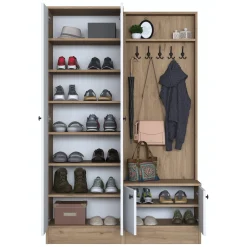 Mobili Da Ingresso > Dmora Mobile da Ingresso Bianco Marrone Rovere Nodi Specchio Incluso 3 Ripiani 91.5x28x202h cm, Appendiabiti - Viggiano Marrone, Bianco Rovere Nodi