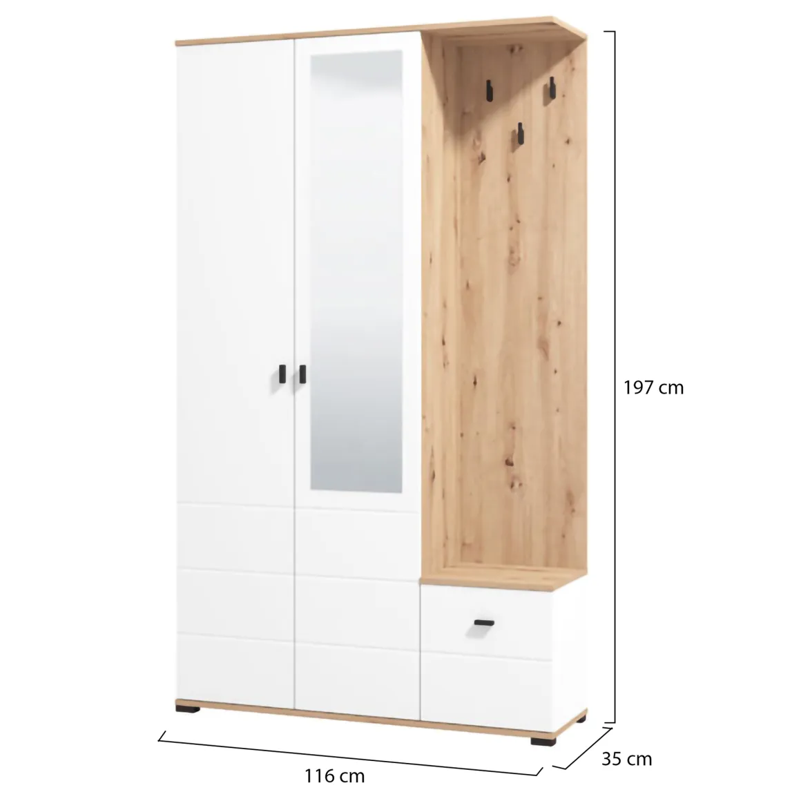 Mobile da Ingresso Bianco Marrone Rovere Nodi Specchio Incluso 4 Ripiani 116x35x197h cm, Appendiabiti - Raroto