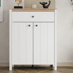 Mobile da Ingresso Bianco Marrone Rovere Nodi un Cassetto 2 Ripiani 86x40x111h cm, 2 Ante - Russel