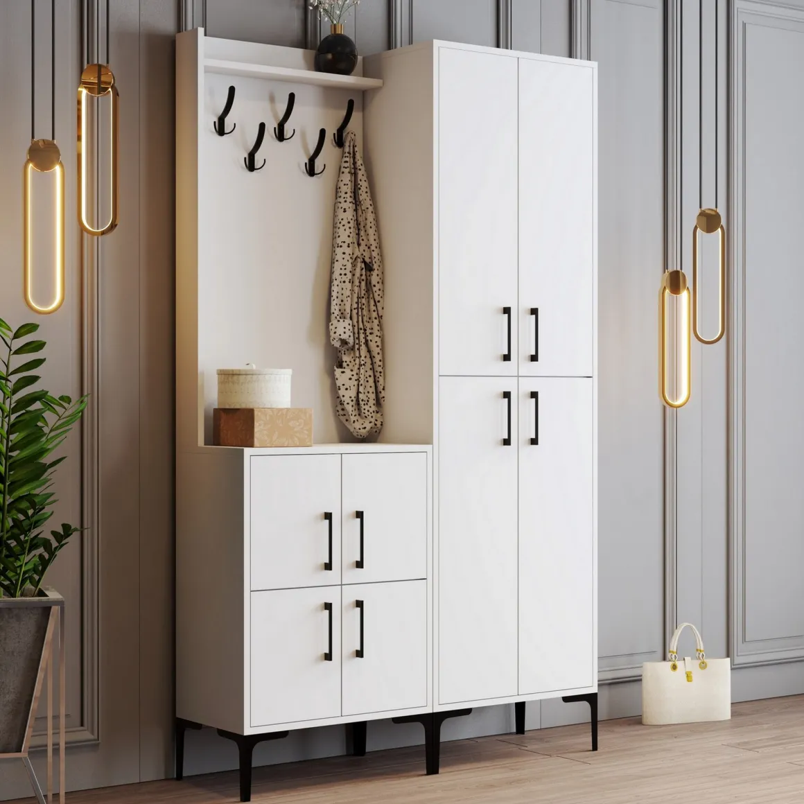 Mobili Da Ingresso > Dmora Mobile da Ingresso Bianco Nero Specchio Incluso Appendiabiti 179x37x183h cm, 11 Ripiani - Manzano Nero, Bianco
