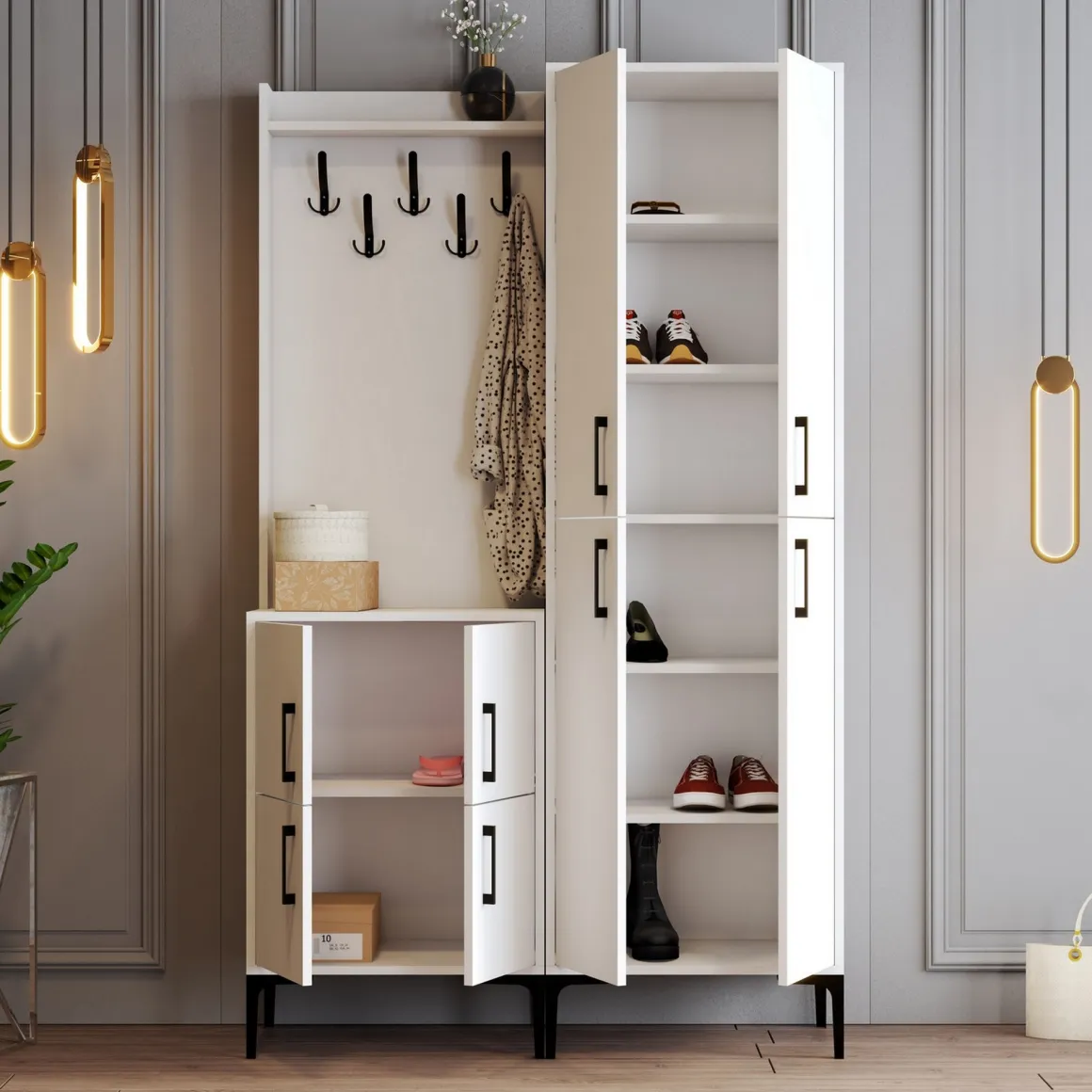 Mobili Da Ingresso > Dmora Mobile da Ingresso Bianco Nero Specchio Incluso Appendiabiti 179x37x183h cm, 11 Ripiani - Manzano Nero, Bianco