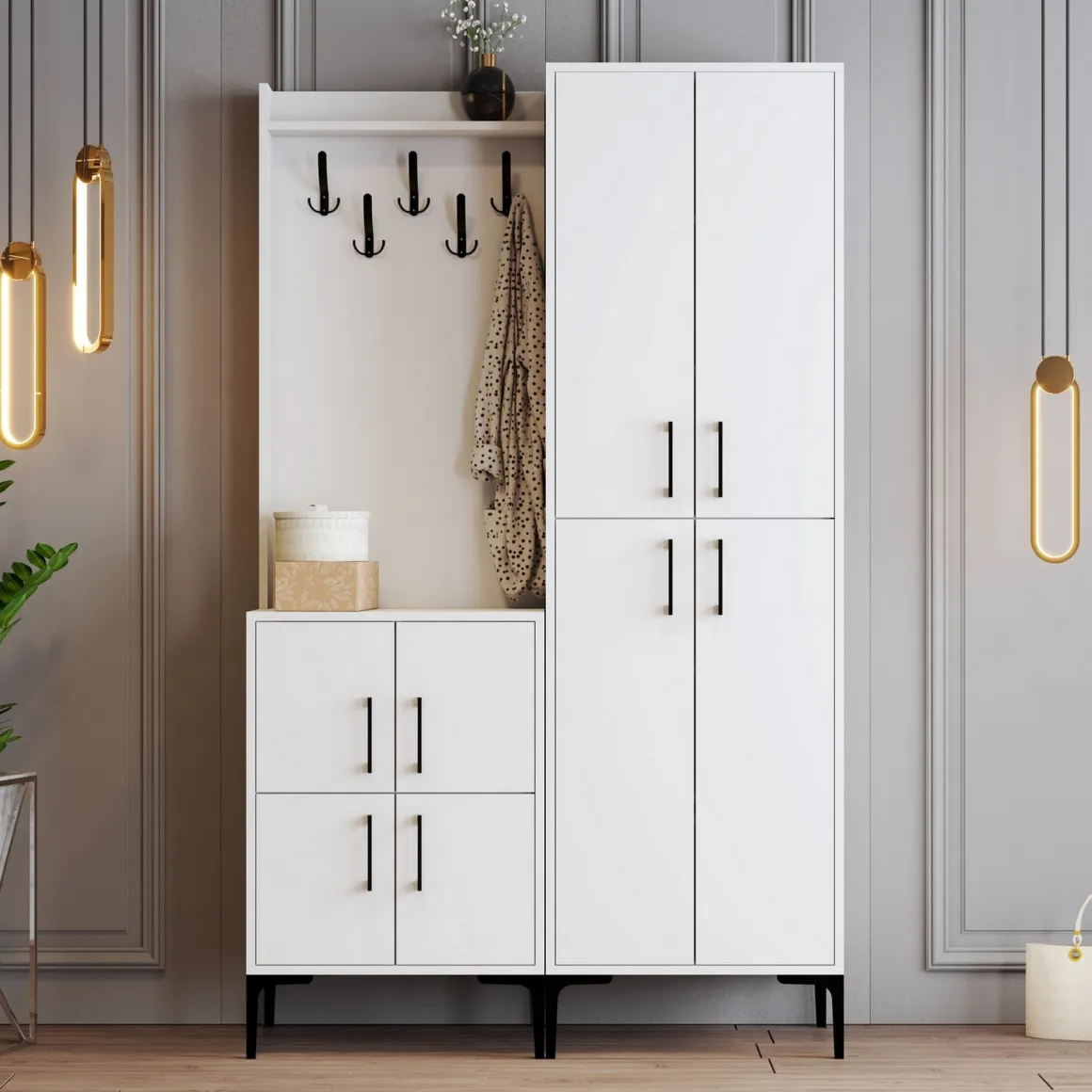 Mobili Da Ingresso > Dmora Mobile da Ingresso Bianco Nero Specchio Incluso Appendiabiti 179x37x183h cm, 11 Ripiani - Manzano Nero, Bianco