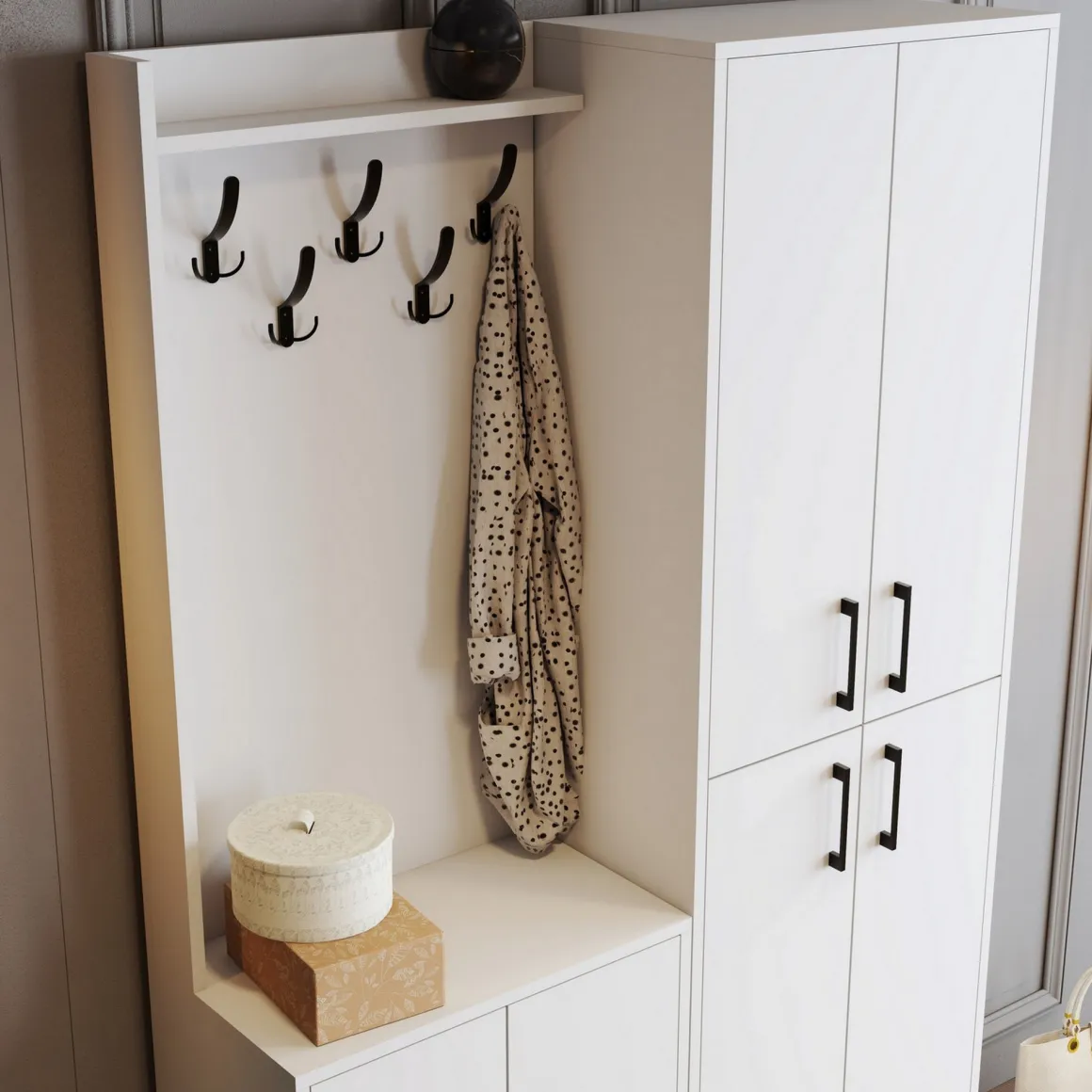 Mobili Da Ingresso > Dmora Mobile da Ingresso Bianco Nero Specchio Incluso Appendiabiti 179x37x183h cm, 11 Ripiani - Manzano Nero, Bianco
