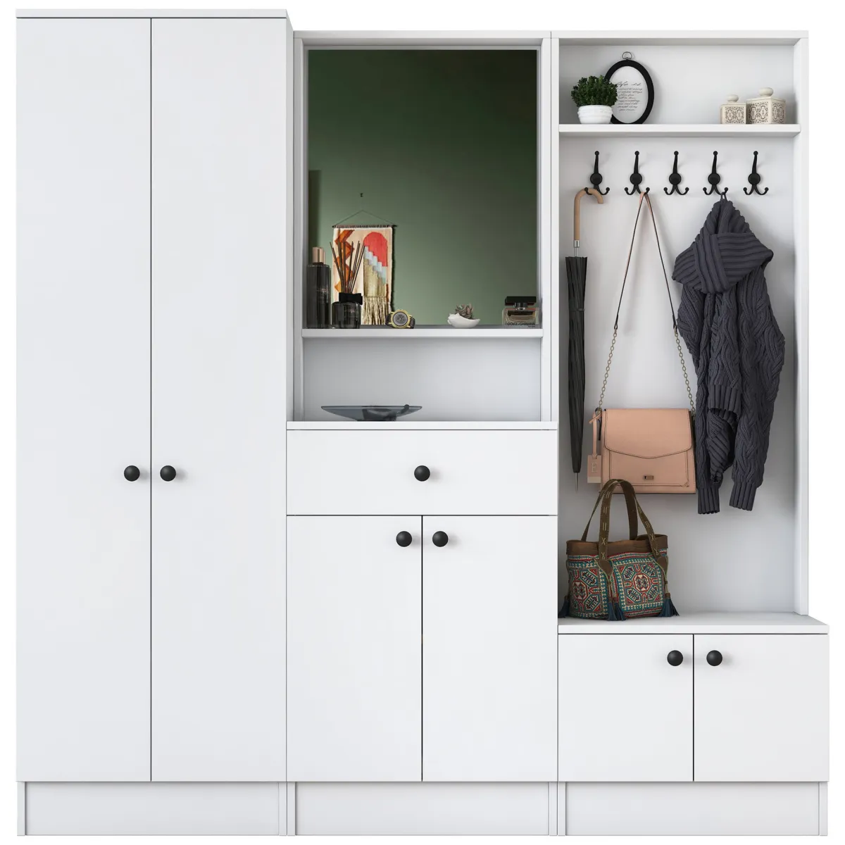 Mobili Da Ingresso > Dmora Mobile da Ingresso Bianco Nero Specchio Incluso Appendiabiti 179x37x183h cm, 11 Ripiani - Manzano Nero, Bianco
