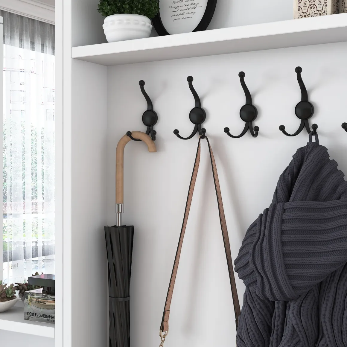 Mobile da Ingresso Bianco Nero Specchio Incluso Appendiabiti 179x37x183h cm, 7 Ripiani - Manzano
