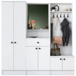 Mobile da Ingresso Bianco Nero Specchio Incluso Appendiabiti 179x37x183h cm, 7 Ripiani - Manzano