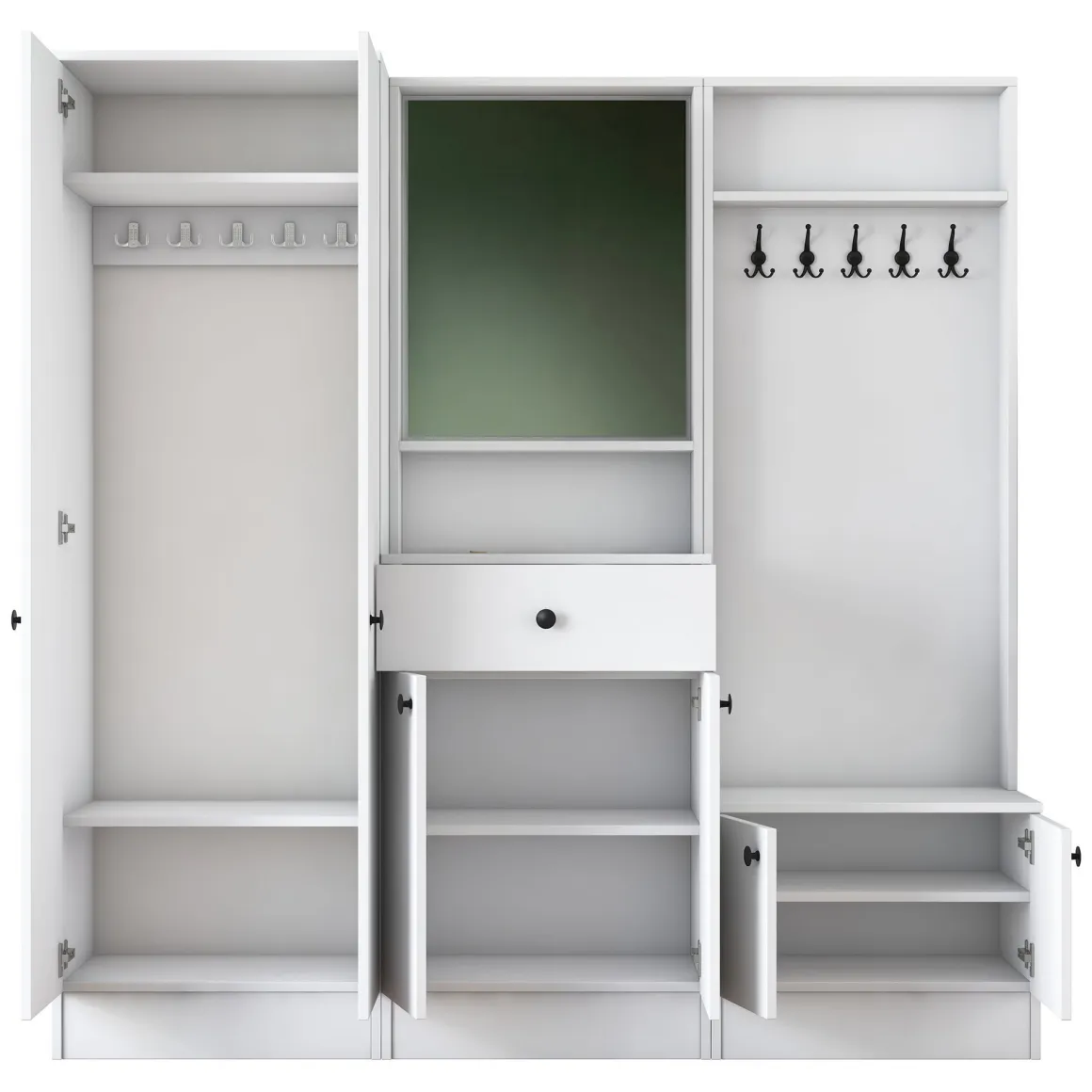 Mobile da Ingresso Bianco Nero Specchio Incluso Appendiabiti 179x37x183h cm, 7 Ripiani - Manzano