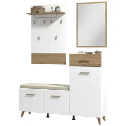 Mobili Da Ingresso > Dmora Mobile da Ingresso Bianco Opaco Marrone Rovere Nodi Specchio Incluso un Cassetto 141x35x189.5h cm, 6 Ripiani - Longa Marrone Rovere Nodi, Bianco Opaco