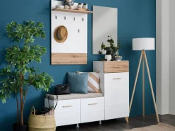 Mobili Da Ingresso > Dmora Mobile da Ingresso Bianco Opaco Marrone Rovere Nodi Specchio Incluso un Cassetto 141x35x189.5h cm, 6 Ripiani - Longa Marrone Rovere Nodi, Bianco Opaco