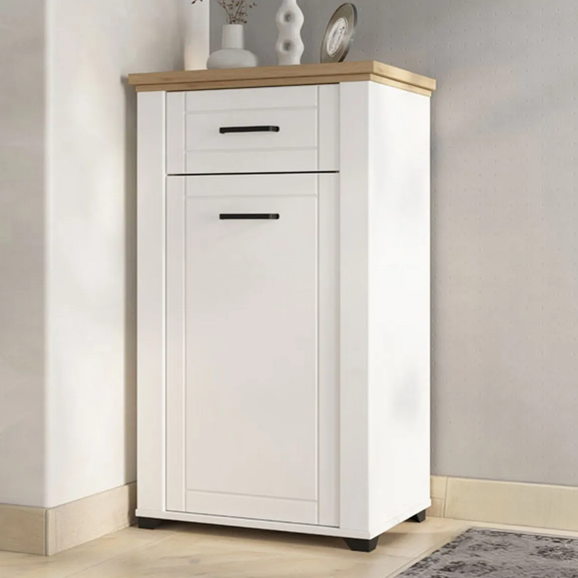 Mobile da Ingresso Bianco Opaco Marrone Rovere un Cassetto 2 Ripiani 60.5x41x105h cm, Un'anta - Rogeno