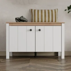 Mobile da Ingresso Bianco Opaco Marrone Rovere un Ripiano 2 Ante 86x40x54h cm, Anta Effetto Rigato - Tekapo