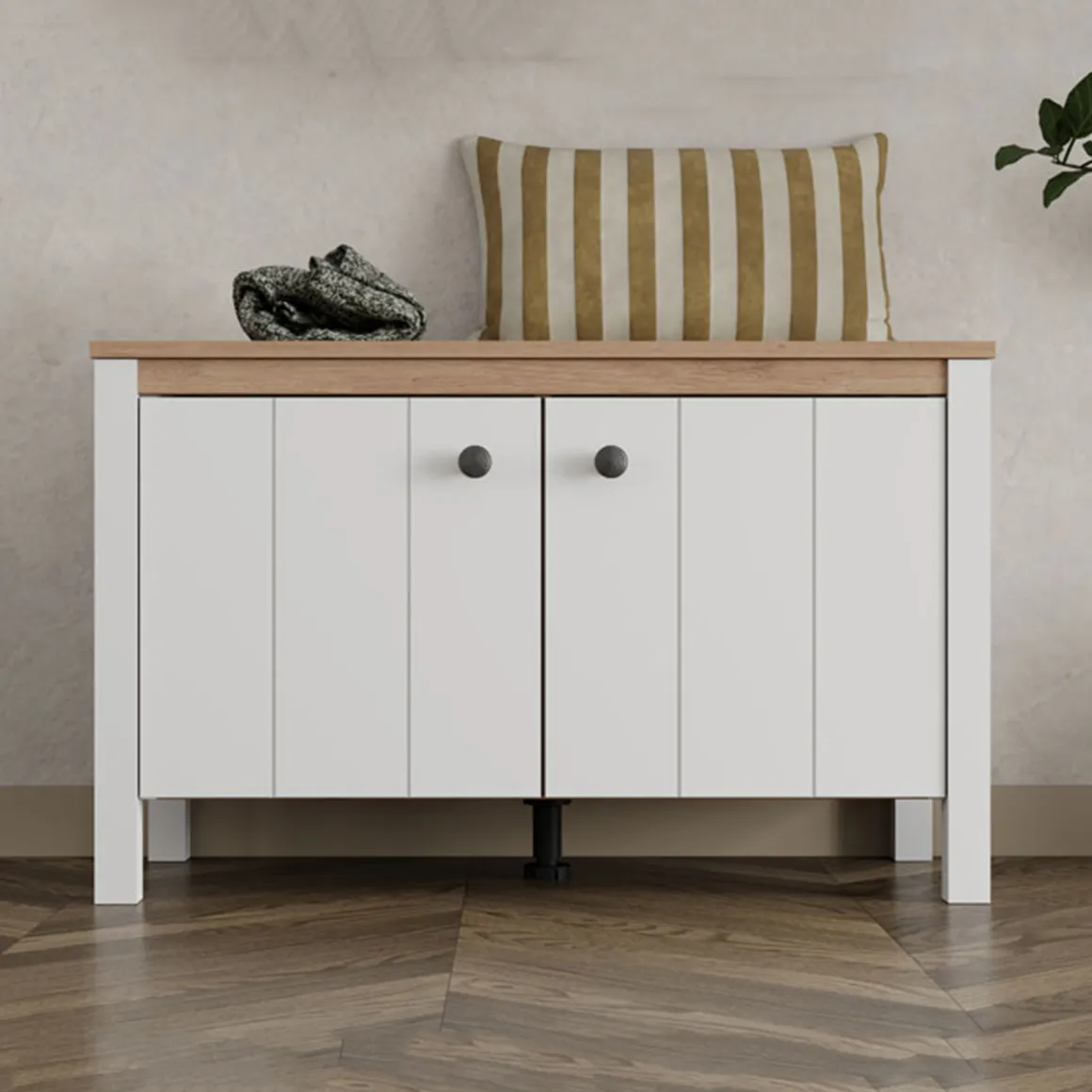 Mobile da Ingresso Bianco Opaco Marrone Rovere un Ripiano 2 Ante 86x40x54h cm, Anta Effetto Rigato - Tekapo