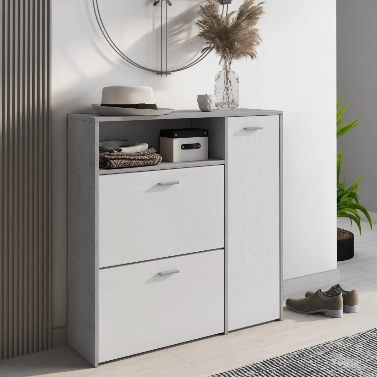 Mobili Da Ingresso > Dmora Mobile da Ingresso Grigio Cemento Bianco 04-mag Paia 3 Ripiani 91.5x26.6x94h cm, 3 Ante - Scultore Bianco, Grigio Cemento