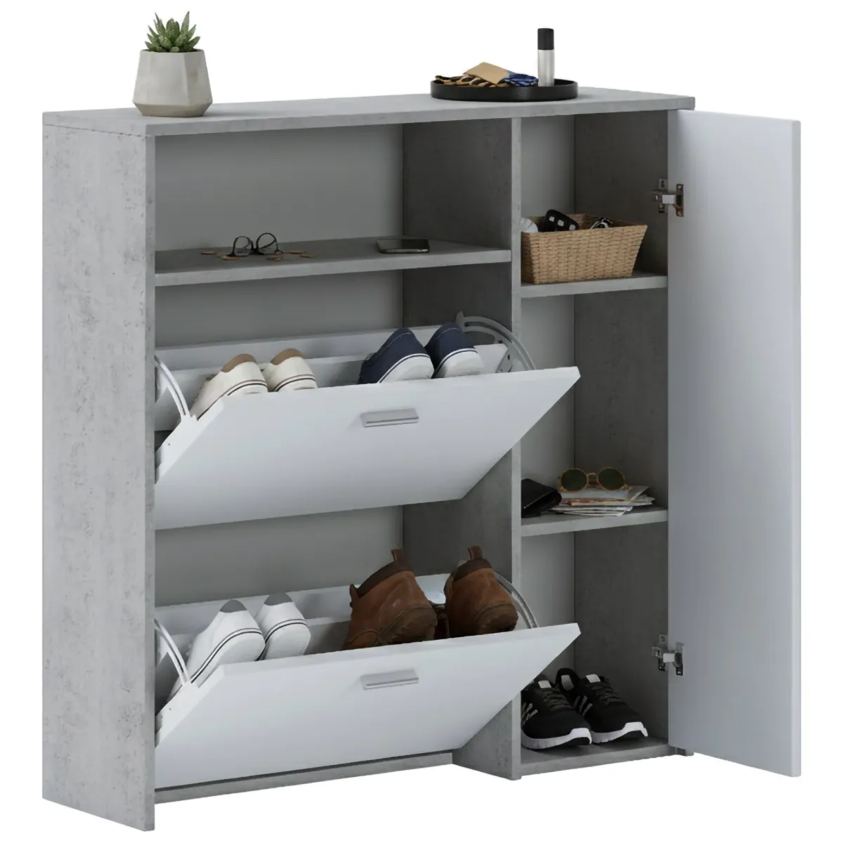 Mobili Da Ingresso > Dmora Mobile da Ingresso Grigio Cemento Bianco 04-mag Paia 3 Ripiani 91.5x26.6x94h cm, 3 Ante - Scultore Bianco, Grigio Cemento