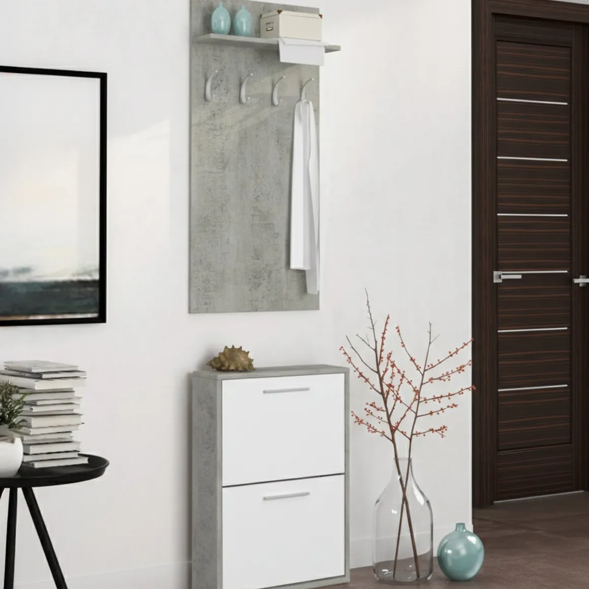 Mobile da Ingresso Grigio Cemento Bianco Paia Cassetti 54x28x181h cm, Ripiani - Sestola