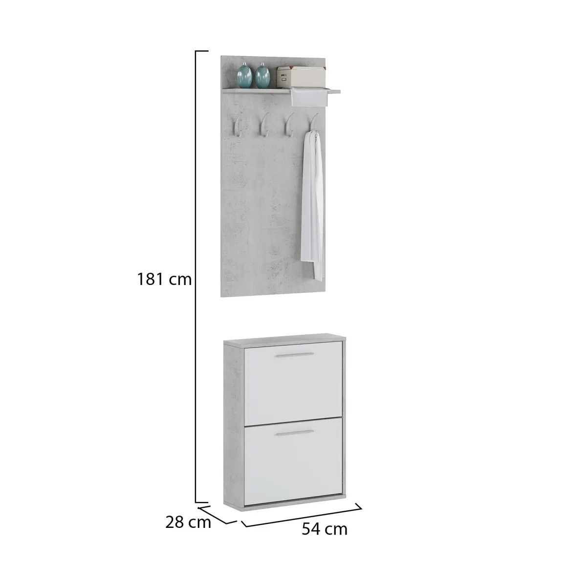 Mobile da Ingresso Grigio Cemento Bianco Paia Cassetti 54x28x181h cm, Ripiani - Sestola