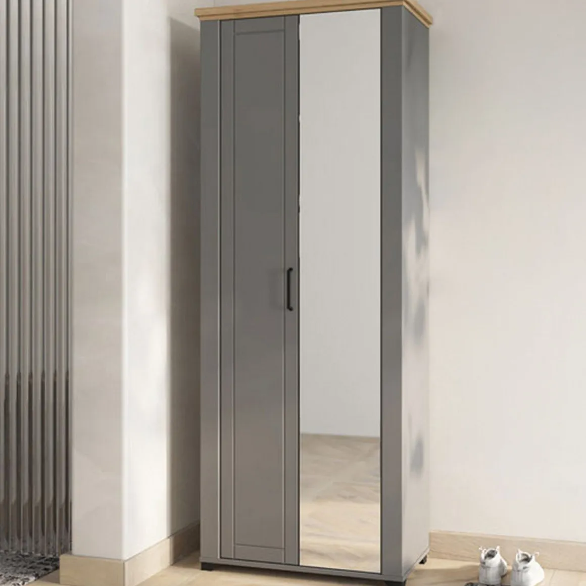 Mobile da Ingresso Grigio Marrone Rovere Nodi Specchio Incluso 3 Ripiani 75x41x194.5h cm, Appendiabiti - Coggiola
