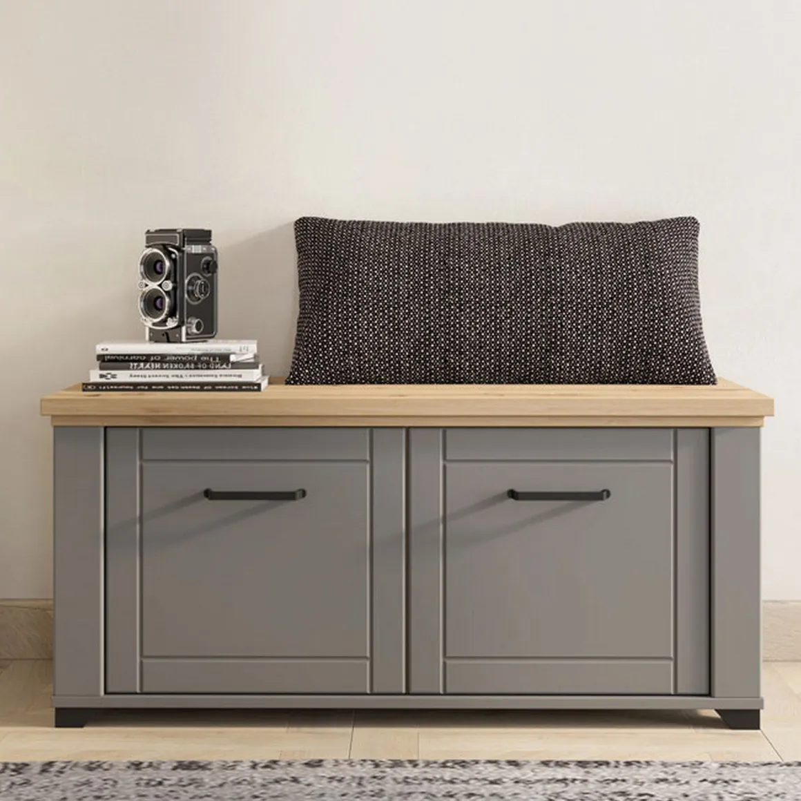 Mobile da Ingresso Grigio Marrone Rovere un Ripiano 2 Ante 103.5x41x47.5h cm, 2 Vani - Menfi
