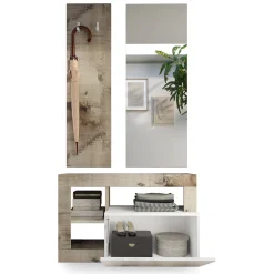 Mobili Da Ingresso > Dmora Mobile da Ingresso Marrone Lucido Bianco Pero Specchio Incluso Appendiabiti 90.5x36x170h cm, 4 Paia - Casalino Bianco Pero, Marrone Lucido