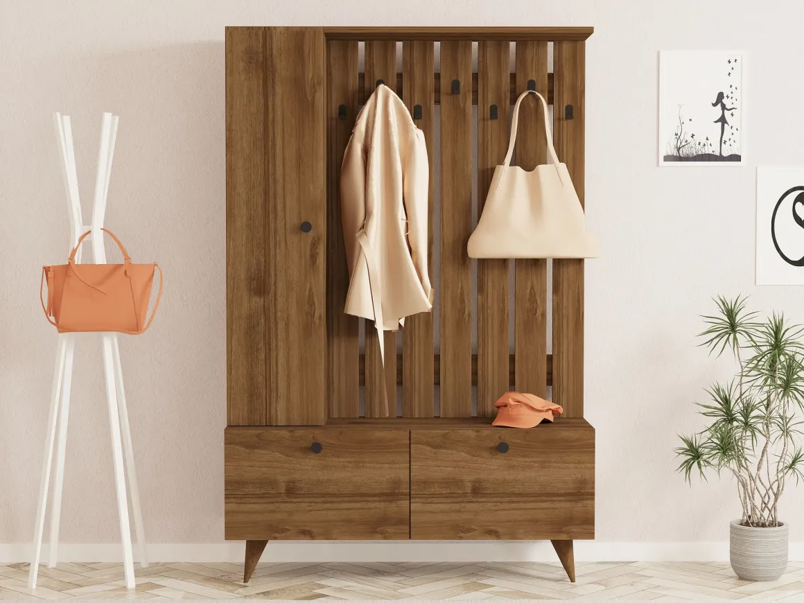 Mobile da Ingresso Marrone Noce Nero Appendiabiti 6 Ripiani 112x35x170h cm, Apertura a Ribalta, Battente - Cairate