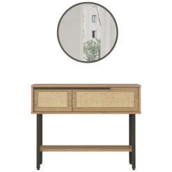 Mobili Da Ingresso > Dmora Mobile da Ingresso Marrone Rovere Beige Effetto paglia di Vienna 100x30x76h cm, 2 Ripiani - Recale Beige, Marrone Rovere