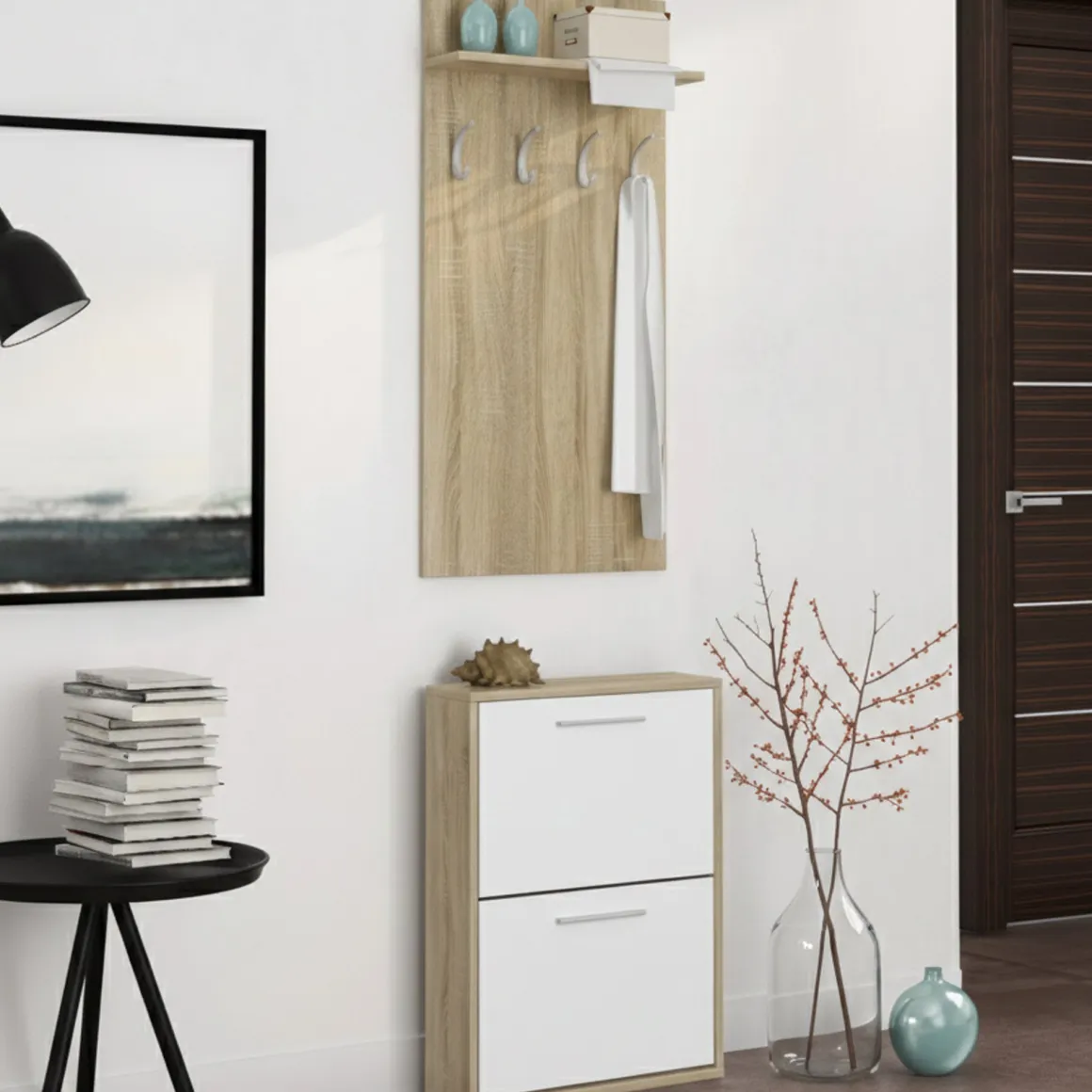 Mobile da Ingresso Marrone Rovere Bianco Paia Cassetti 54x28x181h cm, Ripiani - Sestola