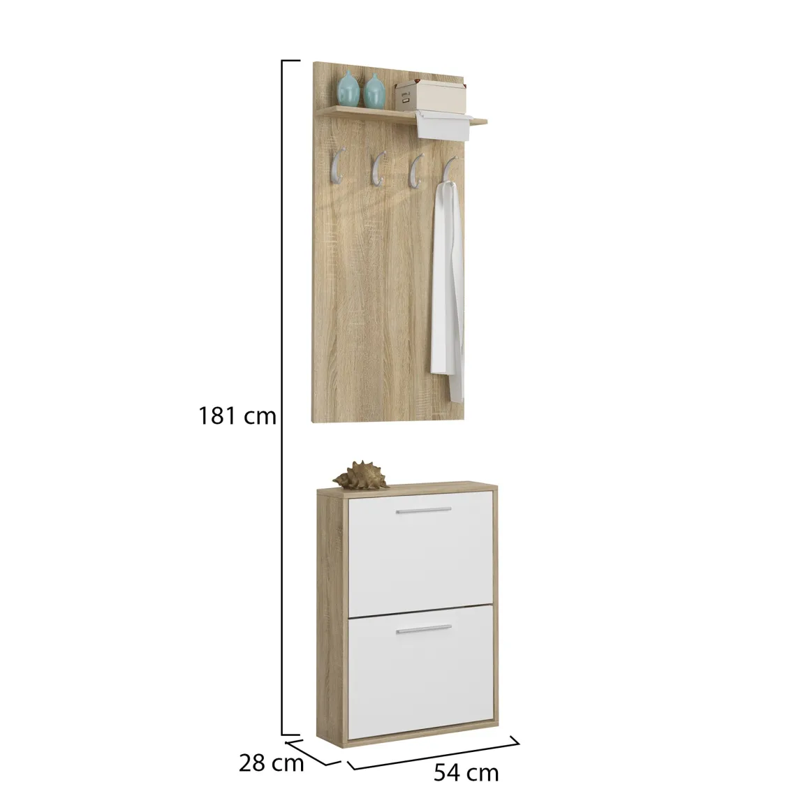 Mobile da Ingresso Marrone Rovere Bianco Paia Cassetti 54x28x181h cm, Ripiani - Sestola