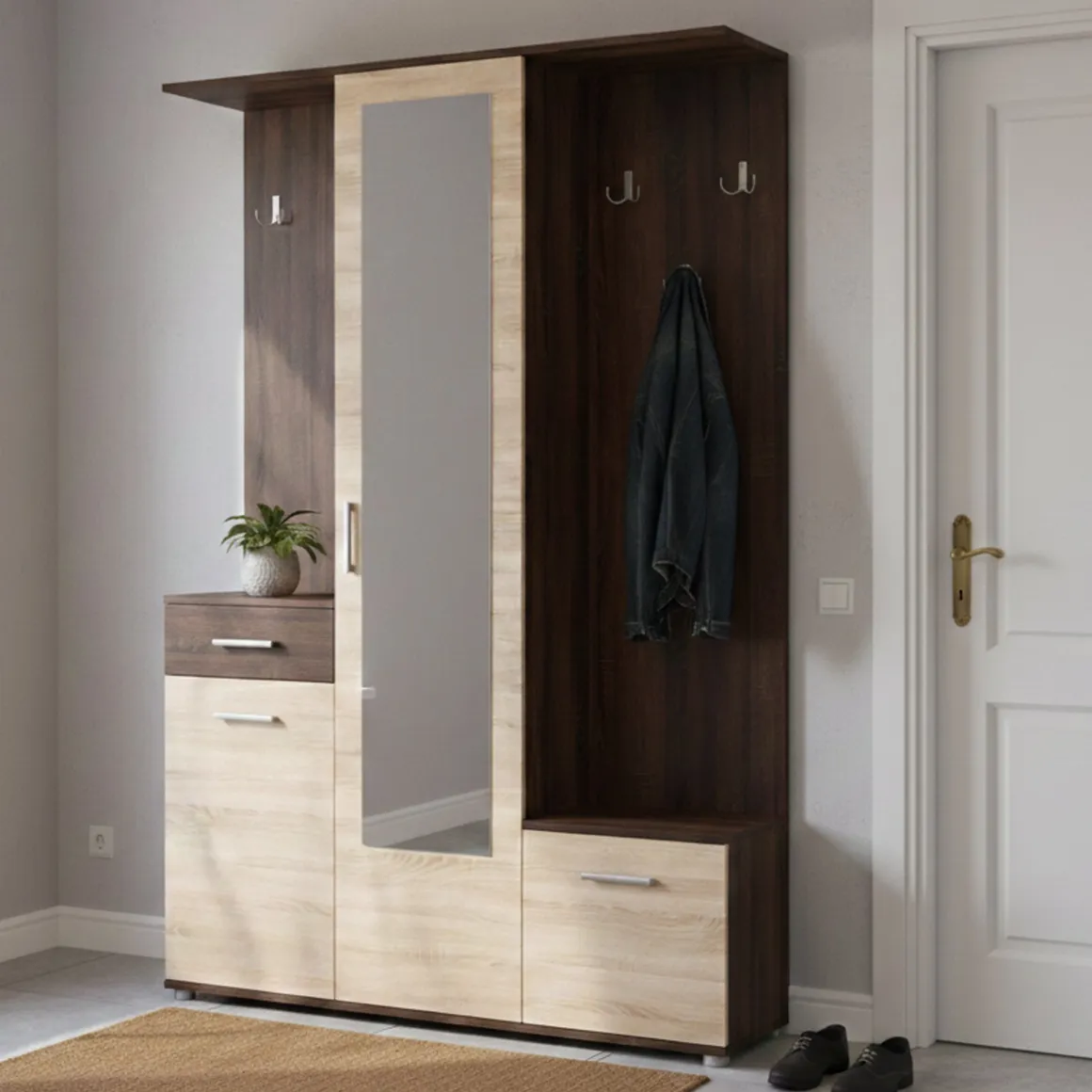 Mobile da Ingresso Marrone Rovere Marrone Noce Specchio Incluso un Cassetto 133.5x33x197.5h cm, 9 Ripiani - Volpara