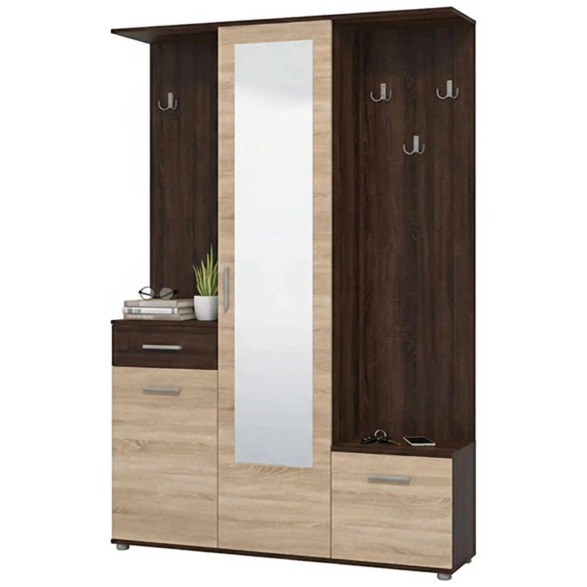 Mobile da Ingresso Marrone Rovere Marrone Noce Specchio Incluso un Cassetto 133.5x33x197.5h cm, 9 Ripiani - Volpara