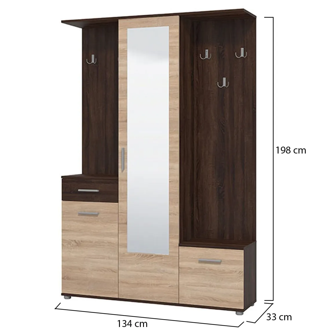Mobile da Ingresso Marrone Rovere Marrone Noce Specchio Incluso un Cassetto 133.5x33x197.5h cm, 9 Ripiani - Volpara