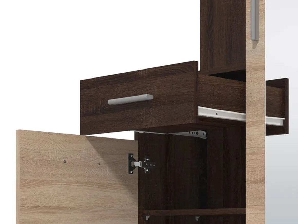 Mobile da Ingresso Marrone Rovere Marrone Noce Specchio Incluso un Cassetto 133.5x33x197.5h cm, 9 Ripiani - Volpara
