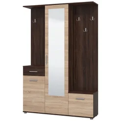 Mobile da Ingresso Marrone Rovere Marrone Noce Specchio Incluso un Cassetto 133.5x33x197.5h cm, 9 Ripiani - Volpara