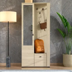 Mobile da Ingresso Marrone Rovere Nero Specchio Incluso 6 Ripiani 87x36x197h cm, Appendiabiti - Vique