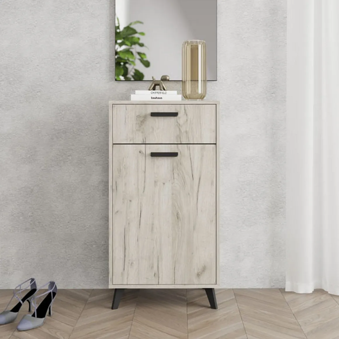 Mobile da Ingresso Marrone Rovere Nero un Cassetto 2 Ripiani 53.5x35x100.5h cm, Un'anta - Sezzadio