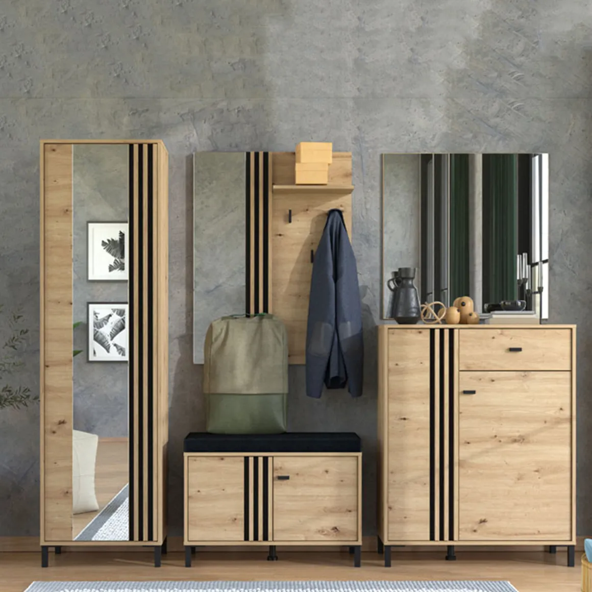 Mobile da Ingresso Marrone Rovere Nodi Grigio Scuro un Ripiano 2 Ante 80x40x52h cm, con Piedini, Comoda Seduta - Lalom