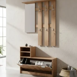 Mobile da Ingresso Marrone Rovere Nodi Grigio Specchio Incluso 4 Ripiani 100x29x191.5h cm, Appendiabiti - Tonengo