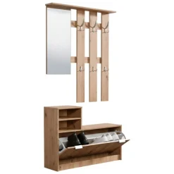 Mobile da Ingresso Marrone Rovere Nodi Grigio Specchio Incluso 4 Ripiani 100x29x191.5h cm, Appendiabiti - Tonengo