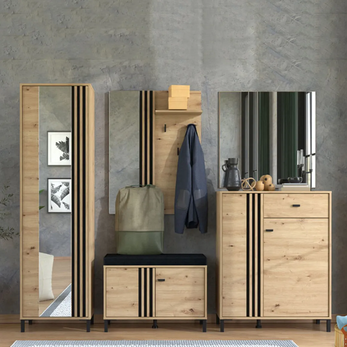 Mobili Da Ingresso > Dmora Mobile da Ingresso Marrone Rovere Nodi Nero Specchio Incluso 7 Ripiani 134.5x34.5x192.5h cm, Appendiabiti - Pandino Nero, Marrone Rovere Nodi