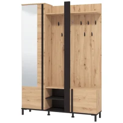 Mobili Da Ingresso > Dmora Mobile da Ingresso Marrone Rovere Nodi Nero Specchio Incluso 7 Ripiani 134.5x34.5x192.5h cm, Appendiabiti - Pandino Nero, Marrone Rovere Nodi
