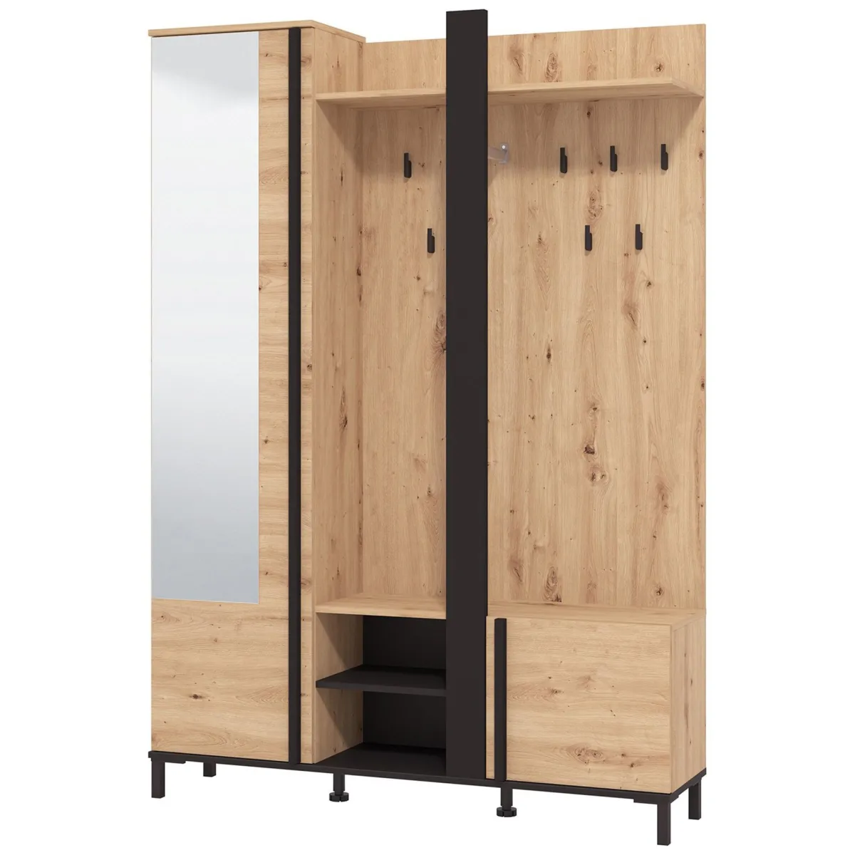 Mobili Da Ingresso > Dmora Mobile da Ingresso Marrone Rovere Nodi Nero Specchio Incluso 7 Ripiani 134.5x34.5x192.5h cm, Appendiabiti - Pandino Nero, Marrone Rovere Nodi