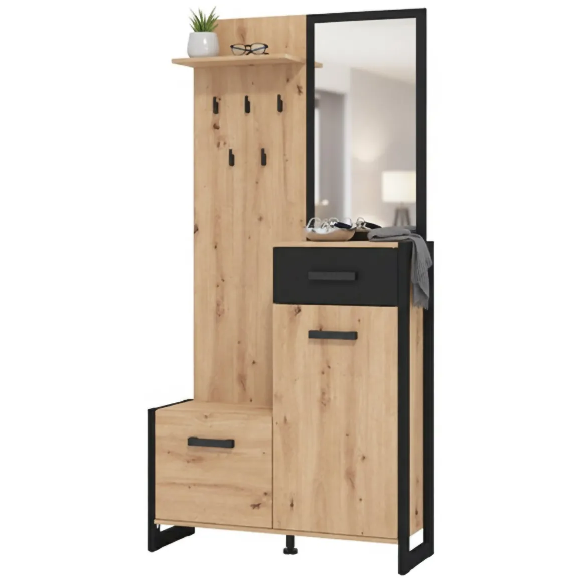 Mobile da Ingresso Marrone Rovere Nodi Nero Specchio Incluso un Cassetto 94.5x33.5x191h cm, 5 Ripiani - Corbetta