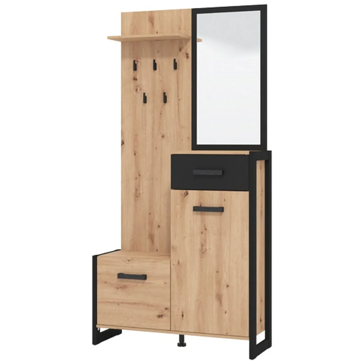 Mobile da Ingresso Marrone Rovere Nodi Nero Specchio Incluso un Cassetto 94.5x33.5x191h cm, 5 Ripiani - Corbetta