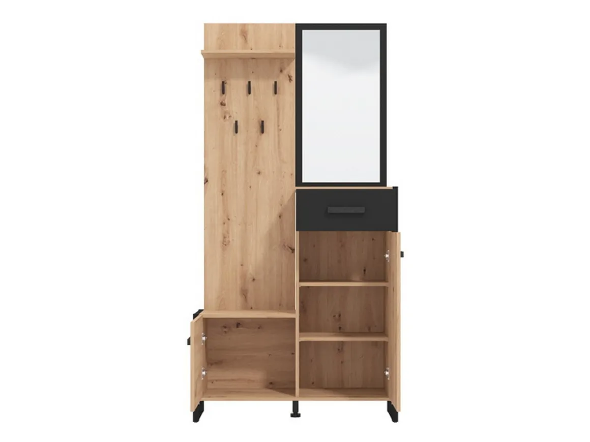 Mobile da Ingresso Marrone Rovere Nodi Nero Specchio Incluso un Cassetto 94.5x33.5x191h cm, 5 Ripiani - Corbetta