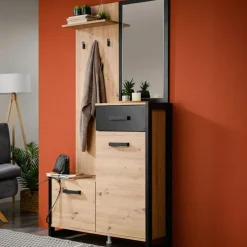 Mobile da Ingresso Marrone Rovere Nodi Nero Specchio Incluso un Cassetto 94.5x33.5x191h cm, 5 Ripiani - Corbetta