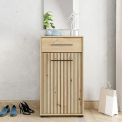 Mobile da Ingresso Marrone Rovere Nodi Nero un Cassetto 2 Ripiani 54.5x40x101.5h cm, Un'anta - Pincara